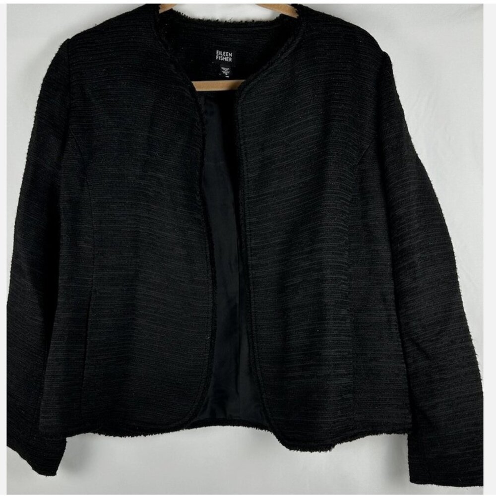 Eileen Fisher Black Open Front Textured Jacket Womens S Metallic Silk Lined